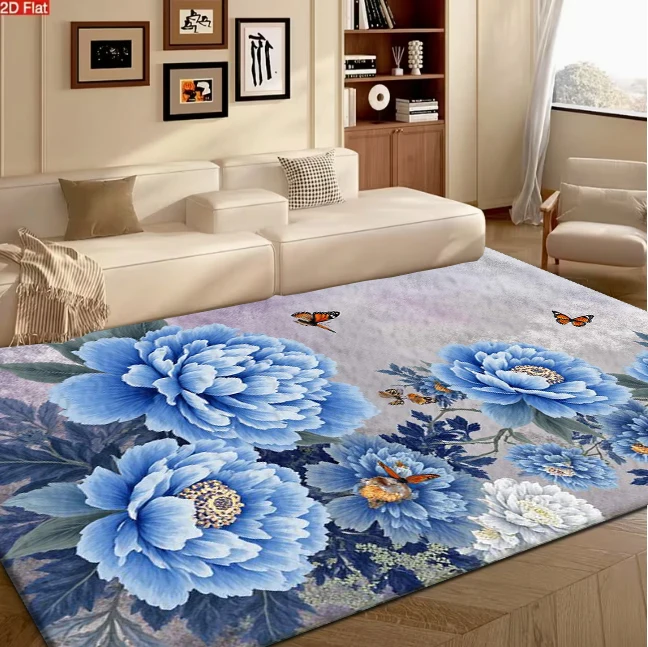 Blue Peony Flower Butterfly Carpet Flooring, Elegant Watercolor Floral Non-Slip Area Rug for Living Room Bedroom Home Decor