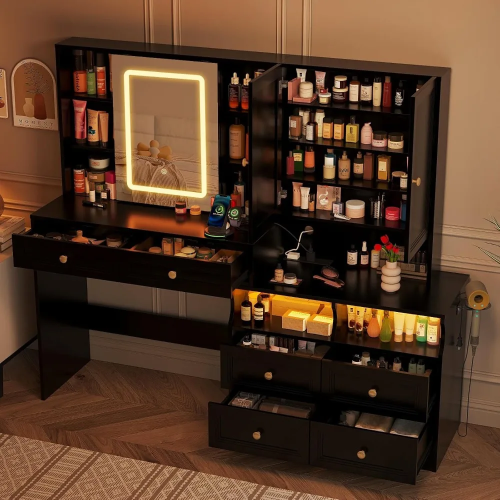 مكتب زينة مكياج أسود كبير فاخر مع مرآة منزلقة، مجموعة منضدة 58.6 طاولة، مخرج طاقة، 6 أدراج وإضاءة لـ U