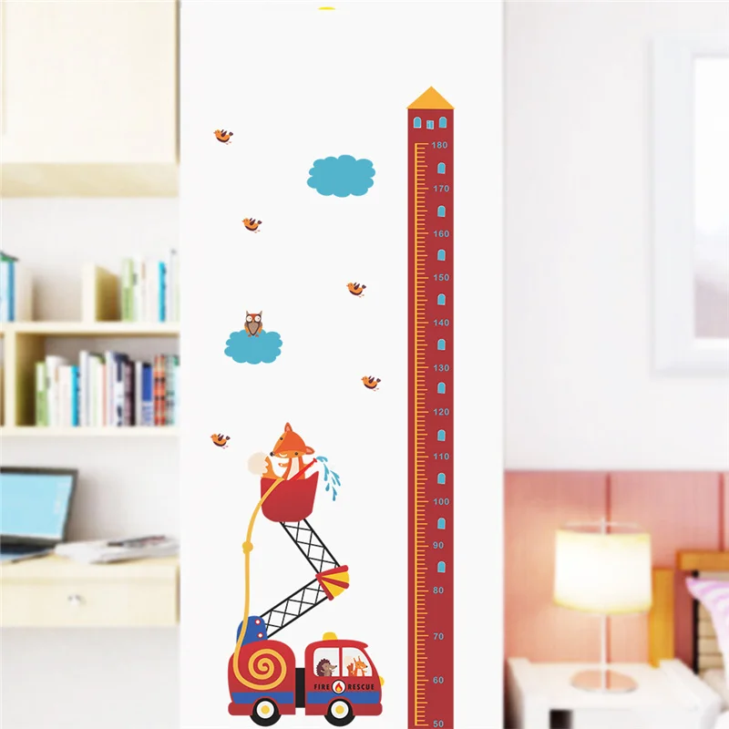 Lovely Animal Firemen Drive Fire Truck Growth Chart Wall Sticker For Kids Height Measure Diy Pvc Bedroom Mural Art Home Decals