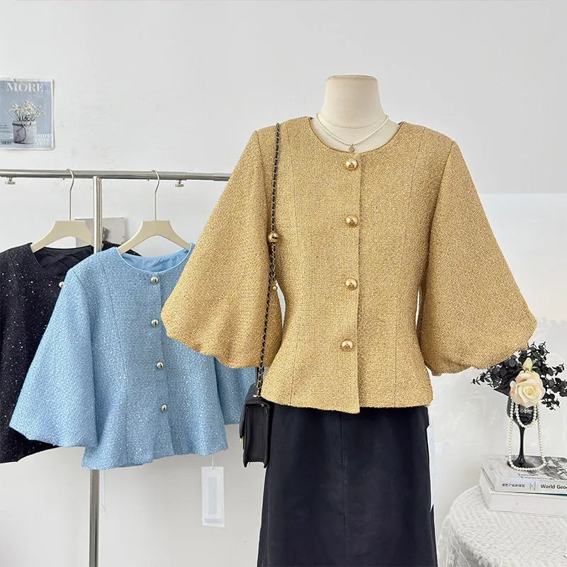 

Women's Vimtage O Neck Puff Sleeve Tweed Slim Jacket Lady Streetwear Solid Color Single Breaasted Half Sleeve Tweed Outwear