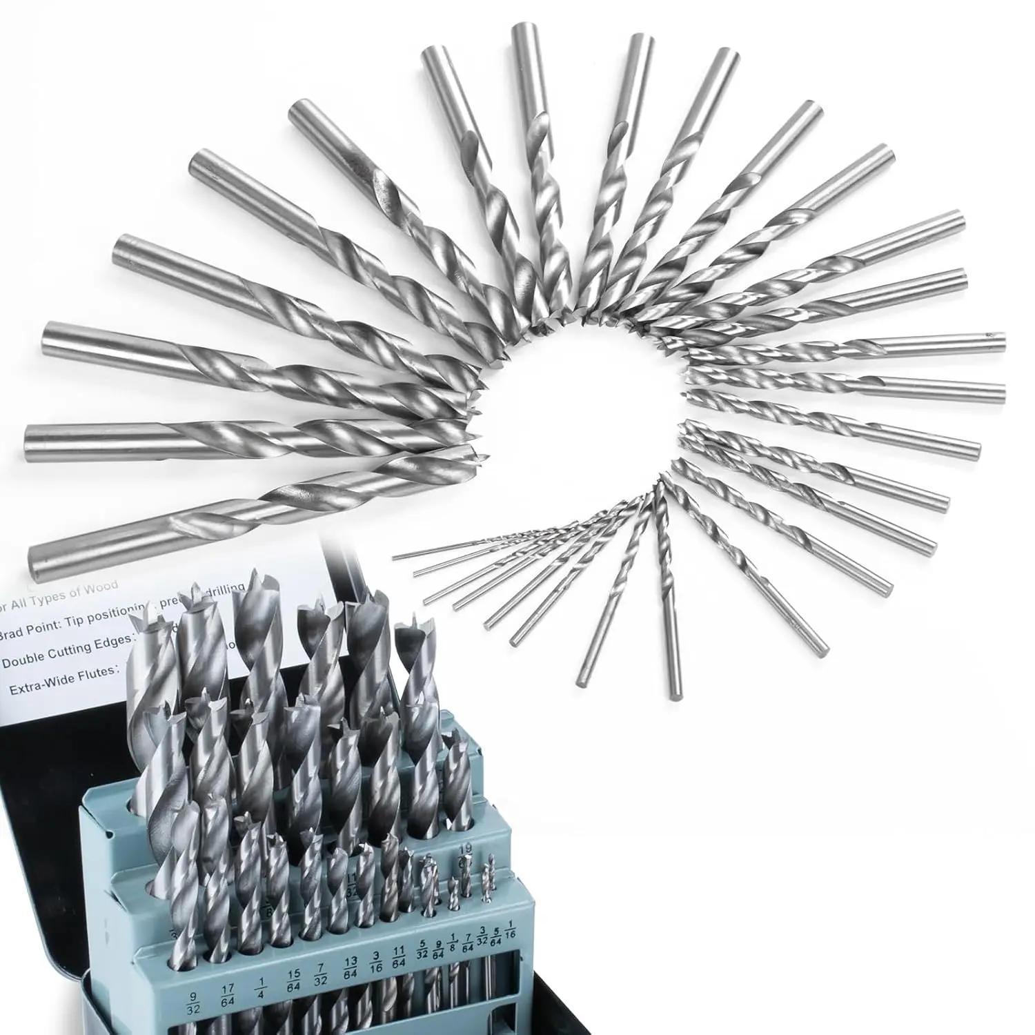 

29pcs Brad Point Wood Drill Bit Set, HSS Drill Bit Set with Double Flutes Design for Carpenter Woodworking All Types of Wood