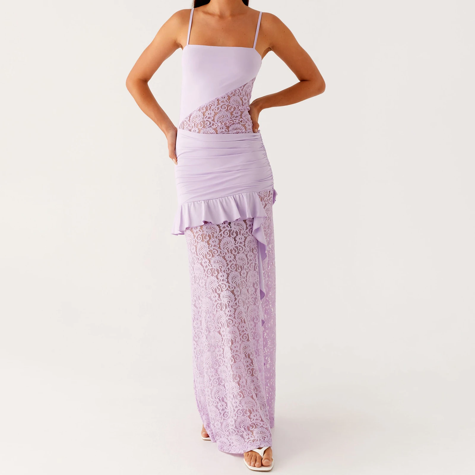 คุณภาพพรีเมี่ยมหรูหราVestidos 2025 ผู้หญิงยาวSlim Camiชุดแขนกุดไม่สม่ําเสมอRuffle Trimลูกไม้Patchworkชุด