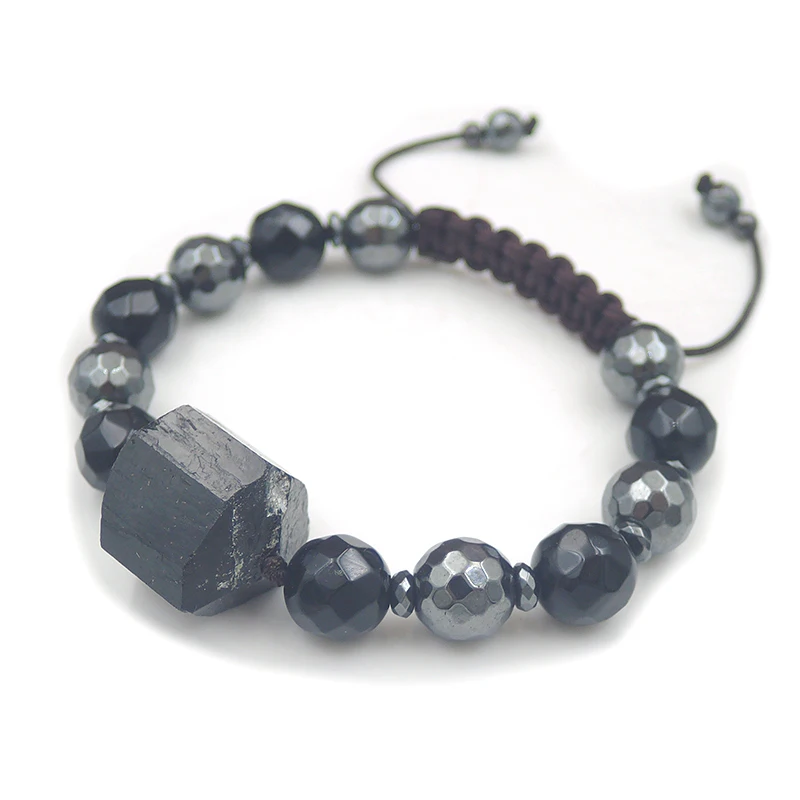 Black Tourmaline Point Hematite&Agate Faceted Round Beads Bracelet Hand-knitted Approx 6-8 Inches