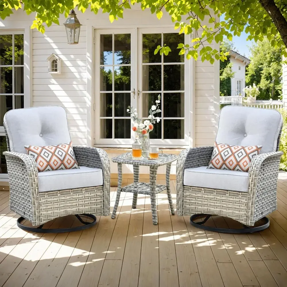 

3-Piece Outdoor Wicker Swivel Rocking Chair Set with Side Table, Light Gray Patio Furniture