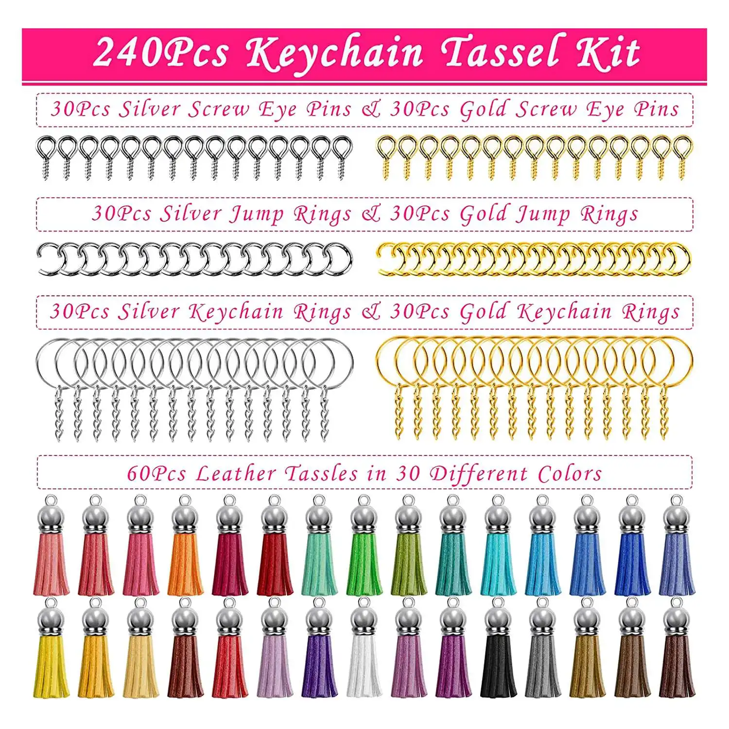 240Pcs Keychain Rings for Craft with Tassels,Extender Chain,Jump Rings and Eye Pins,for Keychain Making Supplies