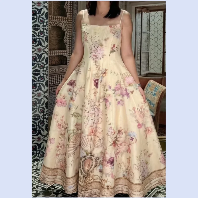 

Australian niche Bohemian style champagne printed women's long A-line suspender dress