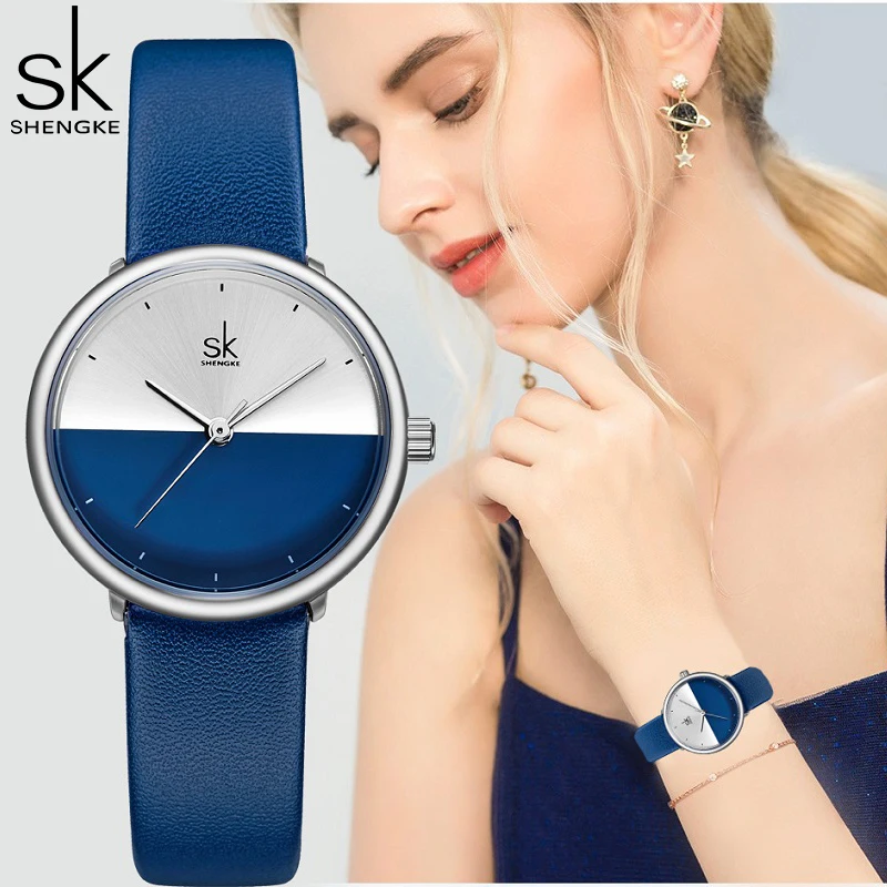 Shengke Original Design Woman Watches Fashion Blue Leather Strap Women\'s Quartz Wristwatches Ladies Clock New Reloj Mujer Saat