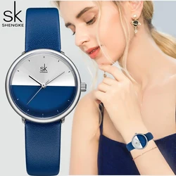 Shengke design original mulher relógios moda azul pulseira de couro das senhoras relógio de pulso de quartzo novo reloj mujer saat