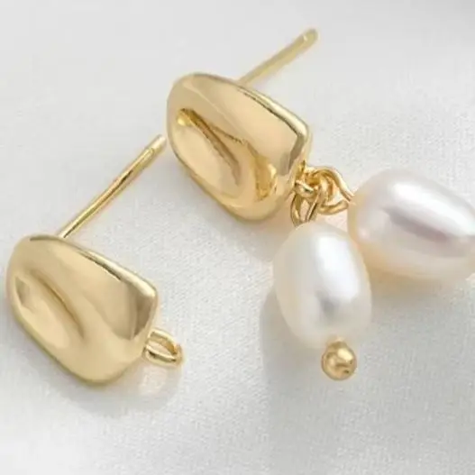 

14K Gold-Color Lava Rectangular Coffee Bean Earrings 925 Silver Pin with Hanging Rings DIY Hand-made Earrings Accessories E381