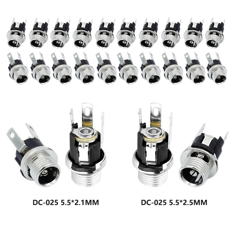 10/50/200 sztuk 5.5x2.1mm gniazdo DC z nakrętką DC-025 gniazdo zasilania prądem stałym żeńskie złącze do montażu panelowego DC025 5.5x2.5mm