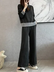 Knitted Wide-Leg Pant Suit Autumn Winter Warm Two Piece Sets Women Woolen Sweater Tracksuits Long Straight Trousers Outfits