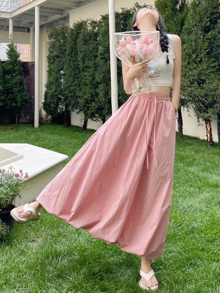 กระโปรงทรงเอไลน์ลายดอกไม้หวานๆ เอวยางยืดสูง รุ่นใหม่สำหรับฤดูร้อน กระโปรงยาวเรียบง่าย สไตล์อเนกประสงค์ ทรงกระโปรงทรงโคมไฟ