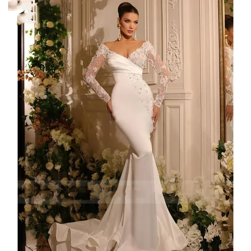 Angepasst Meerjungfrau V-ausschnitt Sexy Abnehmbare Zug Brautkleider Satin Ballkleid Volle hülse Braidedress Vestido De Novia