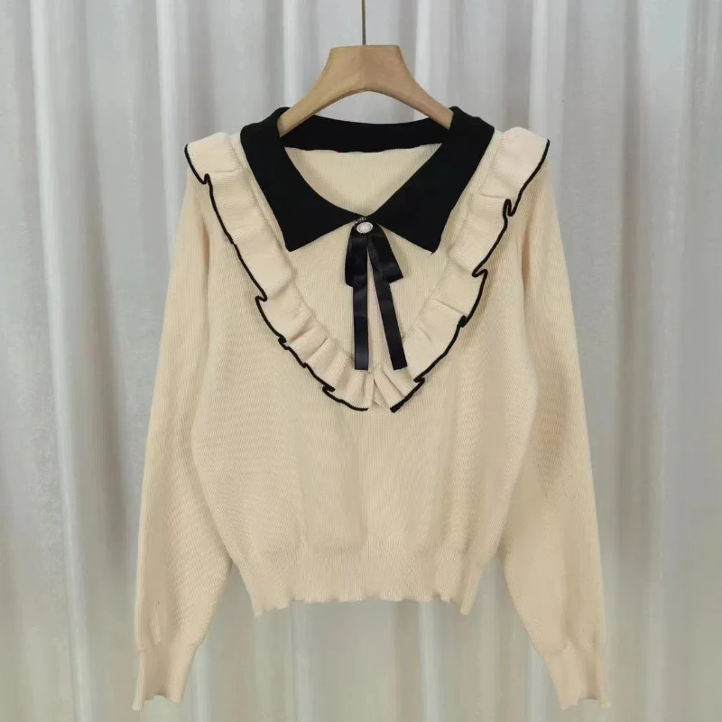 New Fashion Ruffles Patchwork Knitting Sweaters Autumn Winter Long Sleeve Solid Sweet Pullovers Top Korean Elegant Women Clothes