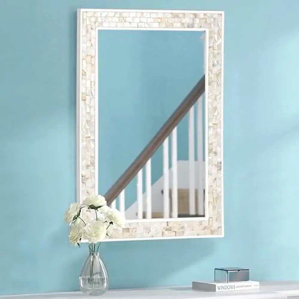 

Rectangle Wall Mirror Mother of Pearl Framed Bathroom Vanity Bedroom Living Room Entryway 20x28in Coastal Style Tempered Glass