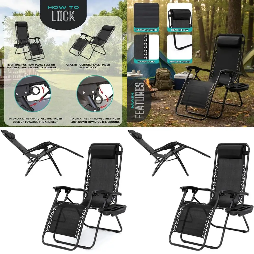 

Регулируемое кресло-шезлонг для улицы с подушкой и подстаканником, идеально подходит для использования на террасе и в помещении (черное)