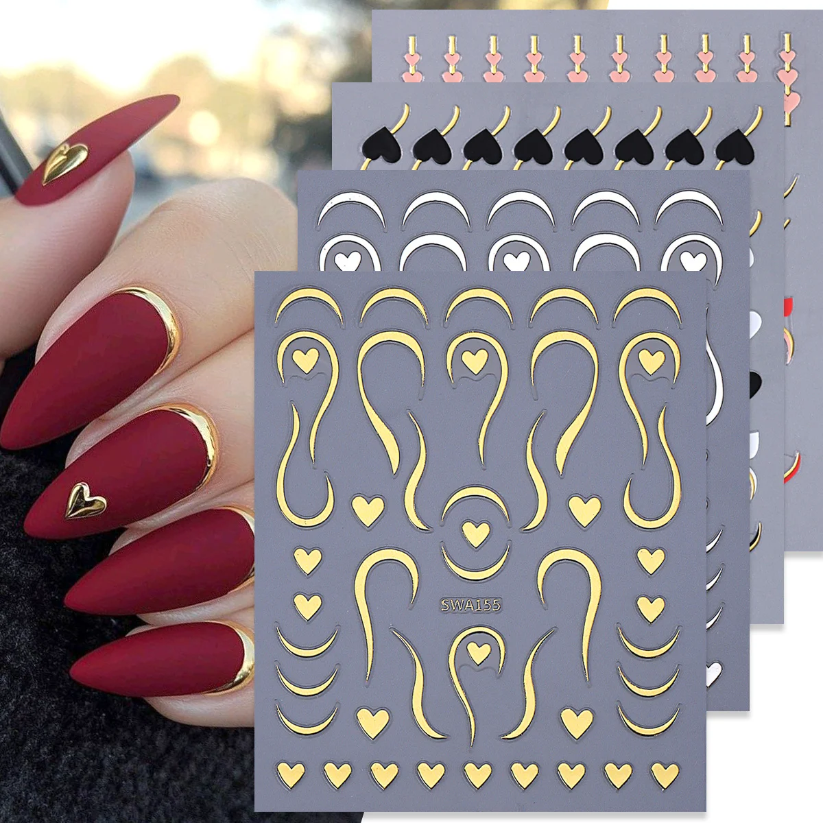 4pcs Metal French Love Heart Nails Stickers Gold Silver Wave Swirl Design Elegant Simple Charm Foils Valentine's Manicure Decor
