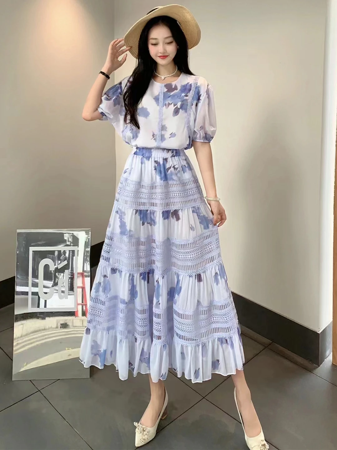 2024 New Summer Women Elegant Floral Skirt Suits Loose Short Sleeve Chiffon Shirt And Lace Patchwork Long Skirt Two Piece Set