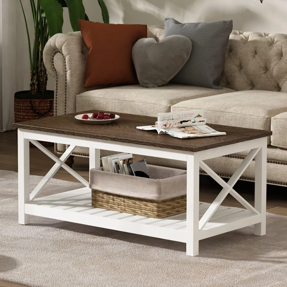 Coffee Table, Rustic Farmhouse Table with Shelf for Living Room, Vintage Finish Easy to Assemble Rugged and Solid  White