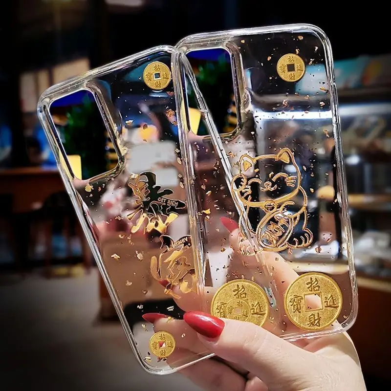 Lucky Cat Cartoon Transparent Gold Foil Phone Case for Samsung Galaxy S22 S21 A5 A51 Note10 S10 A50s A40s S20 Ultra Back Cover