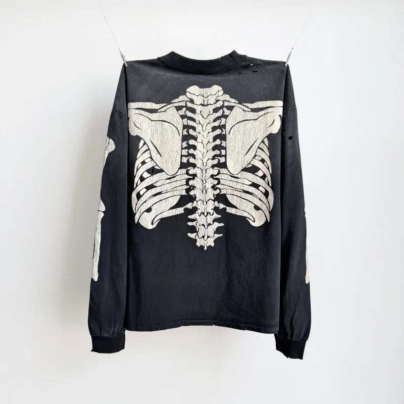 Fall Trend SAINT X-Ray Human Body See-Through Washed Loose-Fit Hip-Hop Long-Sleeve T-Shirt Heavyweight 27SS Tops