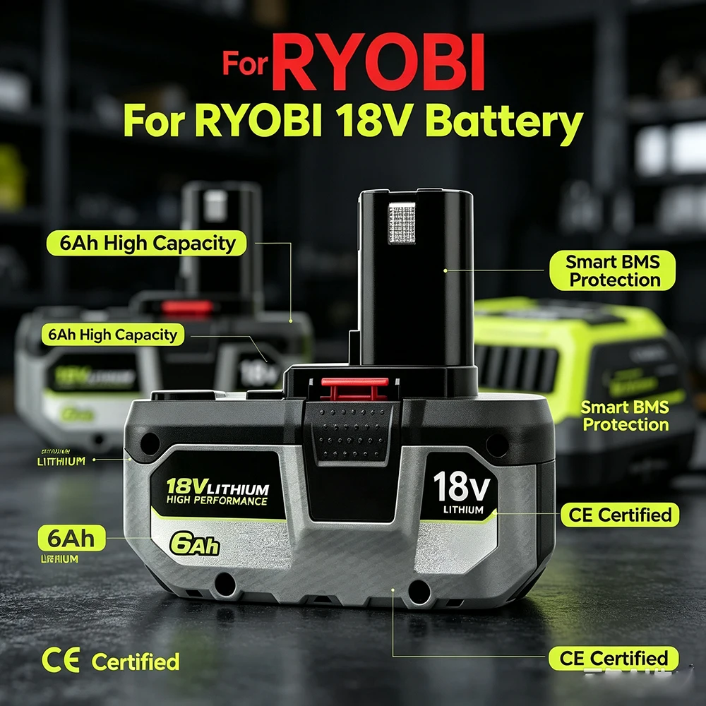for RYOBI High-Performance Lithium Battery 18V Low Self Discharge, Suitable for All Tools P104, P107 P108 P109 RB18L20