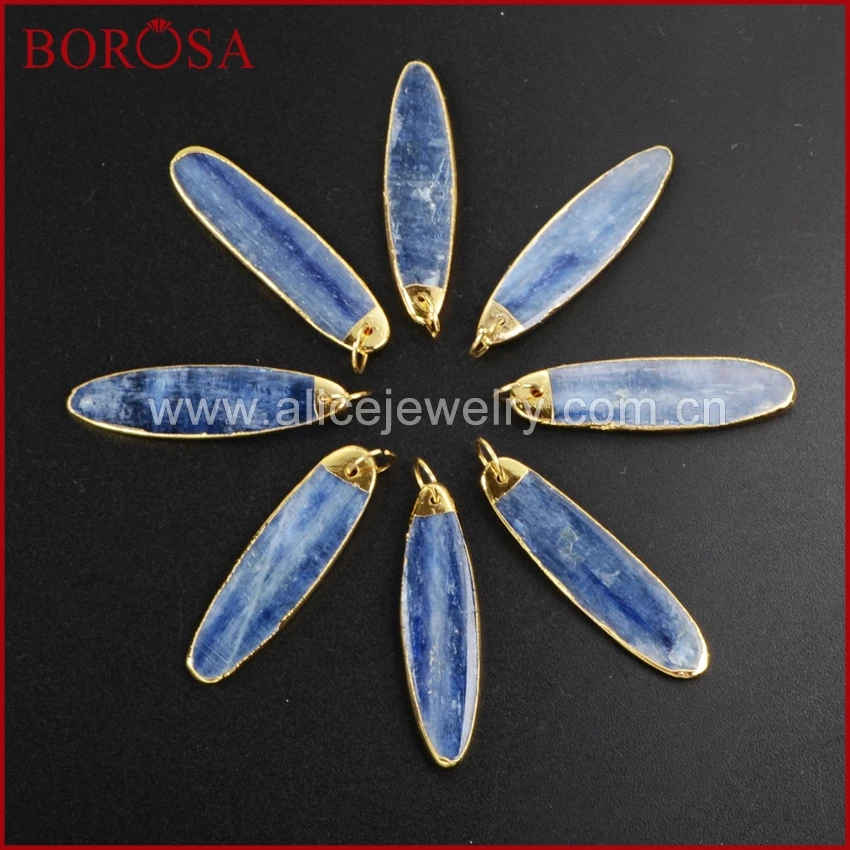 Gold Plated Long Oval Shape Natural Kyanite Charm for Necklace Natural Cyanite Healing Stone Pendant Beads for Women Necklace