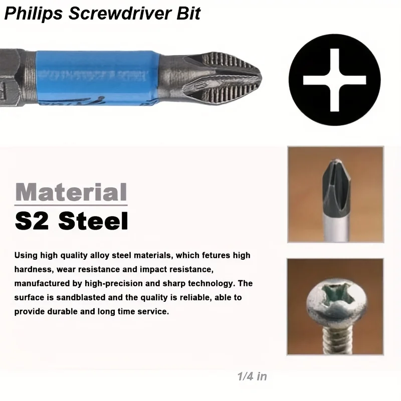 6pcs Magnetic Phillips Screwdriver Bit Set, Non-Slip Cross Head, 1/4" Hex Shank, S2 Steel - PH1 PH2 PH3 PZ1 PZ2 PZ3 view 4