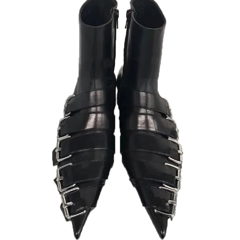 British Style Metal Buckle Belt Fasten Ankle Boots Female black leather Pointed Toe Flat short Chelsea Booties