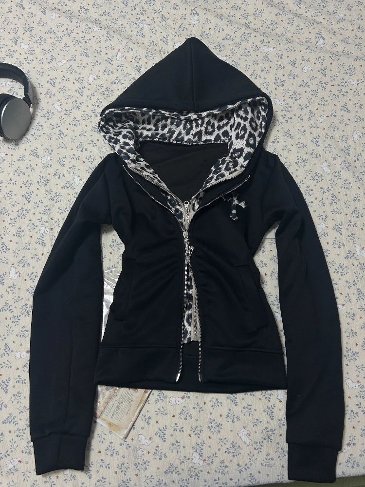 

Эстетические субкультуры, куртки с капюшоном и леопардовым принтом, женские повседневные тонкие винтажные толстовки, топы Y2k, готические толстовки на молнии в стиле панк, пальто