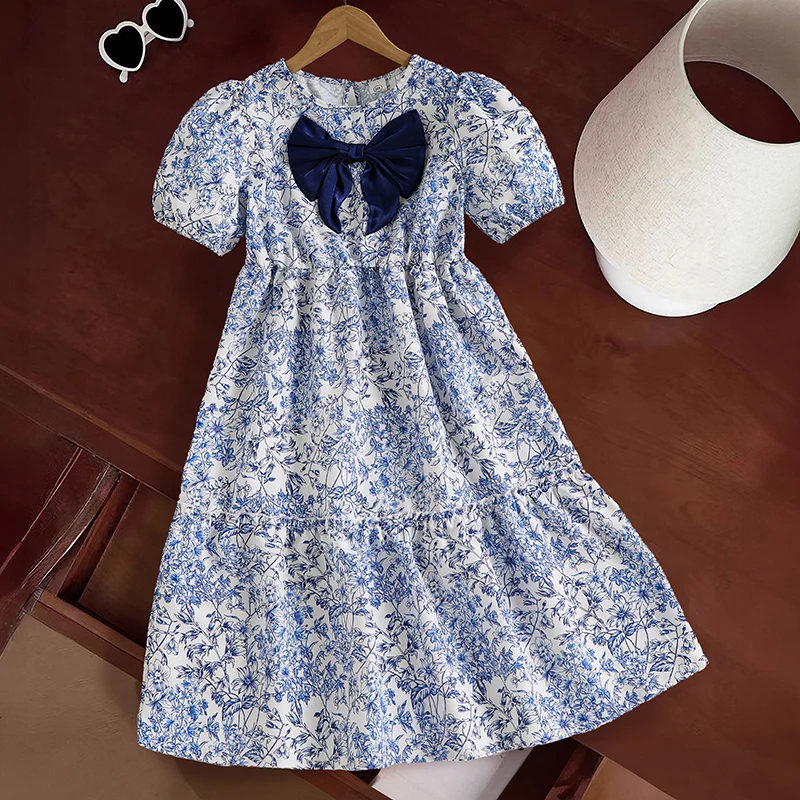 

Summer New Blue Floral Print O-Neck Short Sleeve Bowknot Elastic A-Line Dress For Girls 8-12 Years Sweet Style Princess Dress