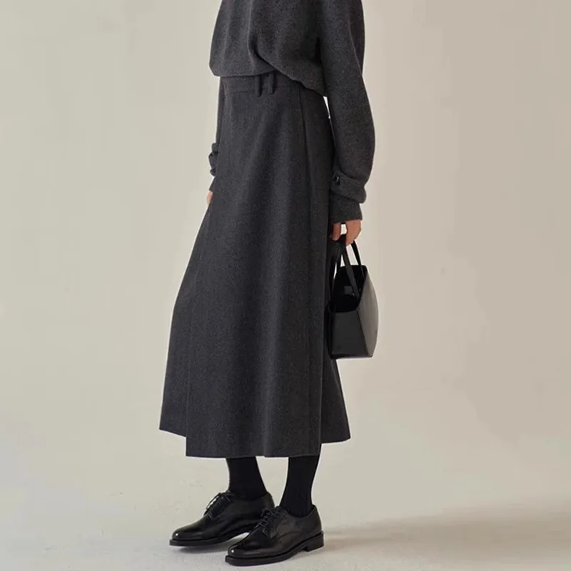 Spódnica damska HKSH Jesień Zima Nowa Kolekcja Asymetryczny Krój Jednolity Kolor Koreańska Elegancka Spódnica Biurowa w Kształcie Litery A z Wełny HK11744