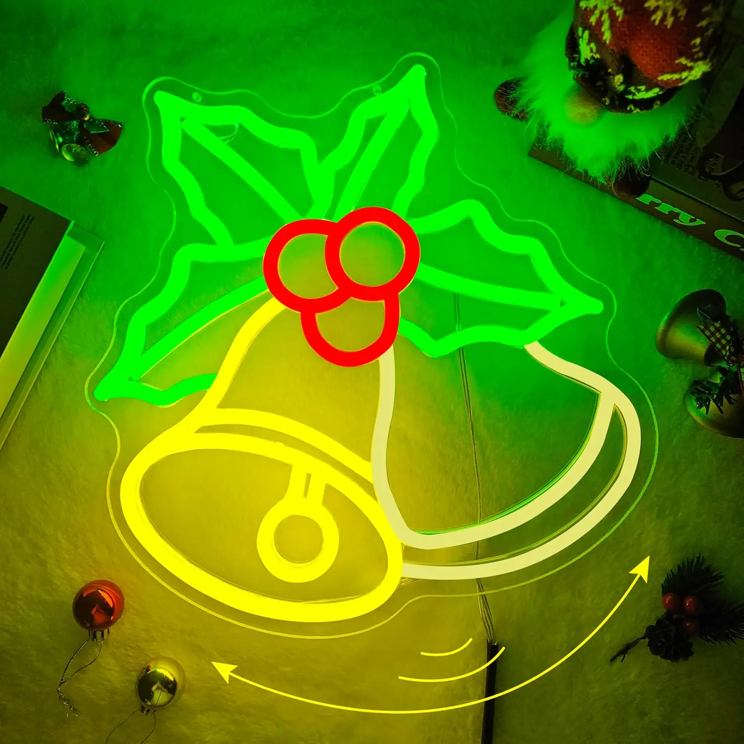 クリスマスベル ネオンサイン 壁飾り 調光可能 ネオンサイン 点滅ベル ホーリー付き LEDサイン クリスマスライトアップサイン ホームパーティー用