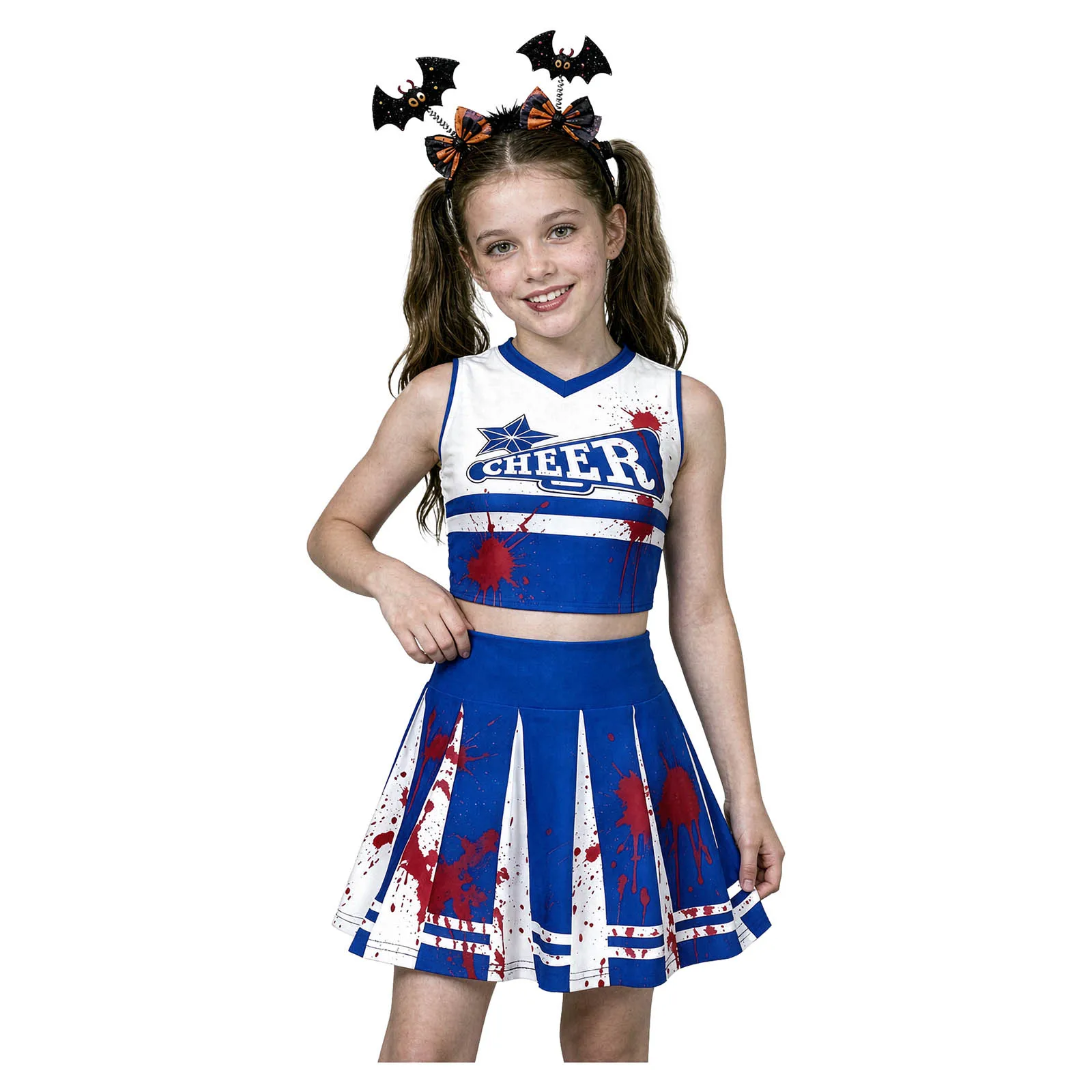 Kinder Mädchen Halloween Cheerleader Cosplay Kostüm Cheerleading Uniform V-Ausschnitt Crop Top mit Faltenrock Cheer Dance Outfit – Detail 8