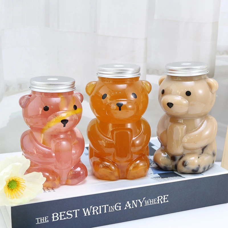 Disposable Drink Bottles Juice Bear Plastic Cup Cute Bear Juice Drink Milk Tea Beverage Storage Bottles With Lid Sealed Bottle