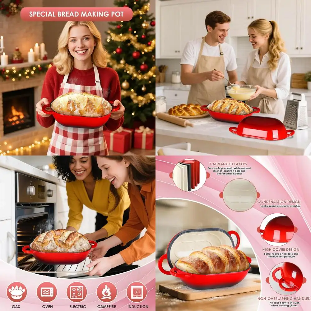 

Red Non-Stick Enamel Cast Iron Dutch Oven, 2.5 Quart, Oven Safe for Sourdough Bread Baking with Lid