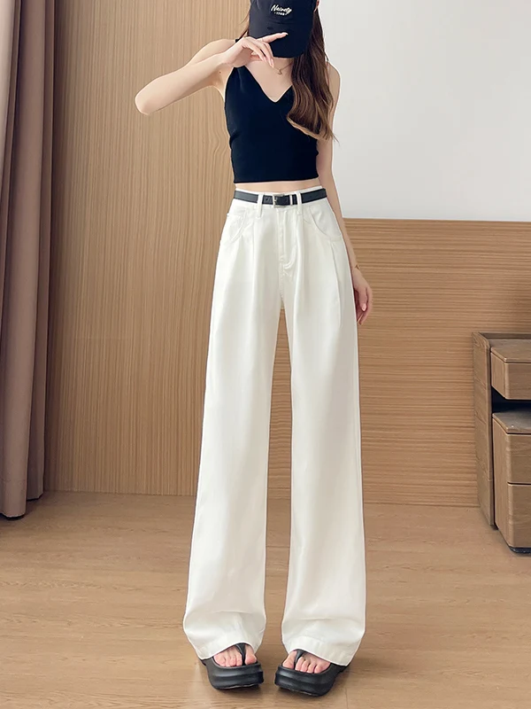 

White Lyocell Three-Resistant Thin Straight Leg Denim Pants Women's Summer New Loose Wide Leg Pants High Waist Zipper Closure