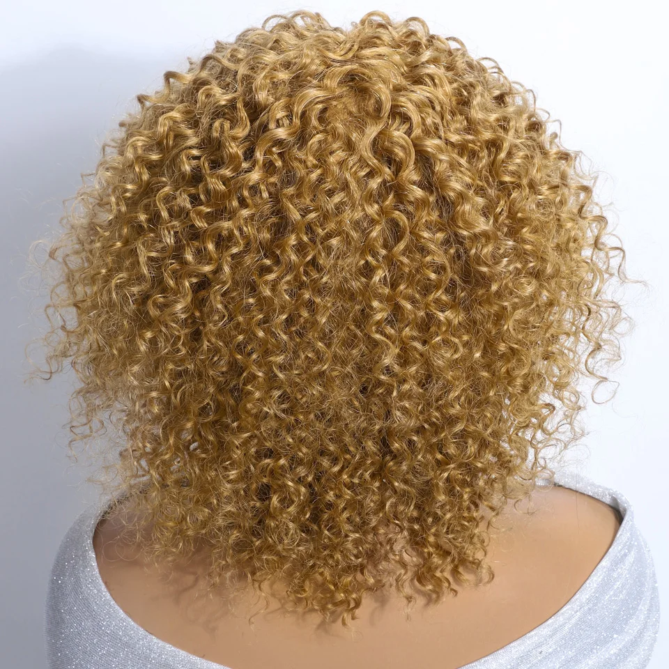 Lekker-Perruque Bob Brésilienne Naturelle Remy, Cheveux Courts, Crépus et Bouclés, Couleur Blond Miel, Faite à la Machine, pour Femme