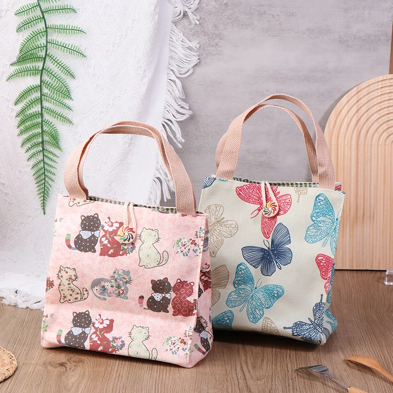 Bolso de lona para mujer, bolsa de mano de estilo japonés con dibujos animados de gatos, mariposa, pequeño, ecológico