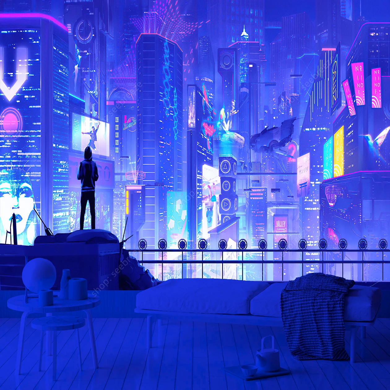 Cyberpunk Cityscape Skyscraper UV Reactive Tapestry for Hippie Boho Aesthetic Room Decor Psychedelic Home Wall Decor Sofa Mat