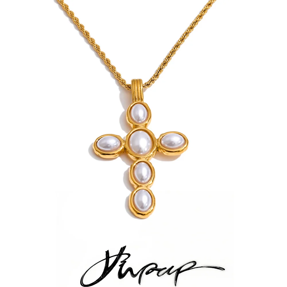 Yhpup Halskette mit künstlichen Perlen, klassischer Kreuz-Anhänger, 18 Karat goldener PVD-beschichteter Edelstahl, beliebte Mode, Basic-Schmuck 2026