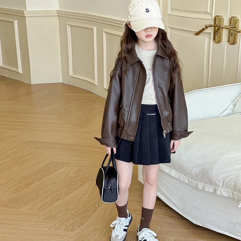 2026 autumn winter Girls Leather Jacket PU Fashion Casual Windproof Teenager Kids Coats Brown Trendy Outerwear 8 12 13 14 Years