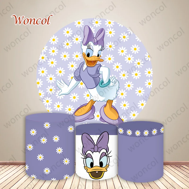 Disney Daisy Duck Round Cover Girls Birthday Baby Shower Backdrop Daisy Flower Daisy Duck Cylinder Cover Decor Photography Prop