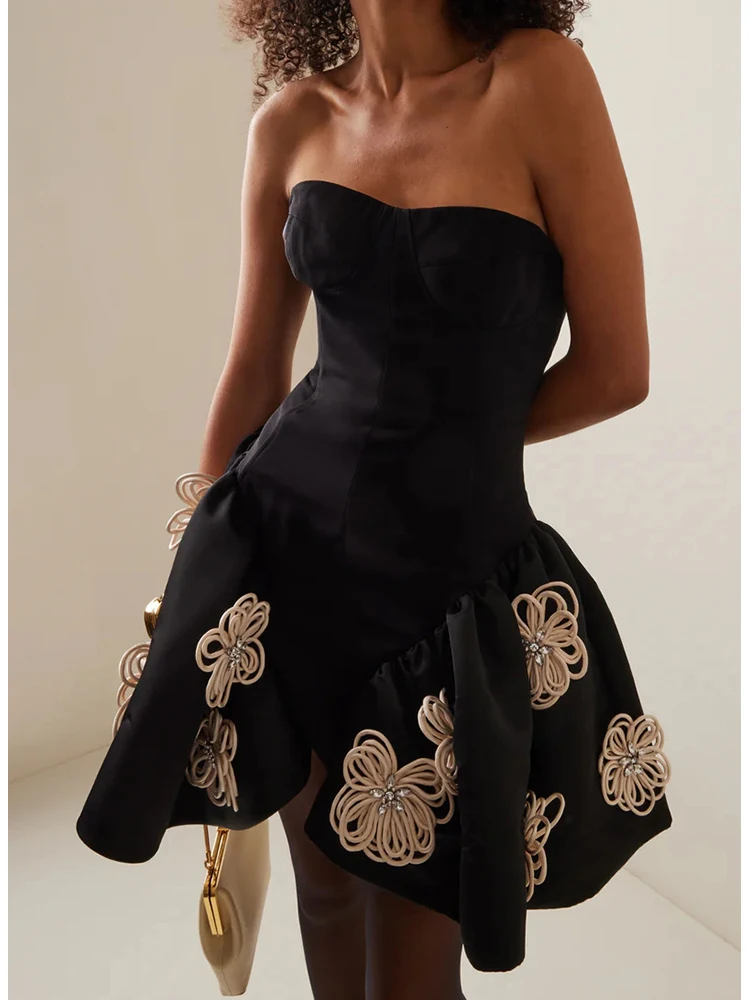 Sexy Strapless  Florals Ball Gown Mini Bandage Dress Women Black Sleeveless Backelss Flower Mini Dresses Cocktail Party Gowns