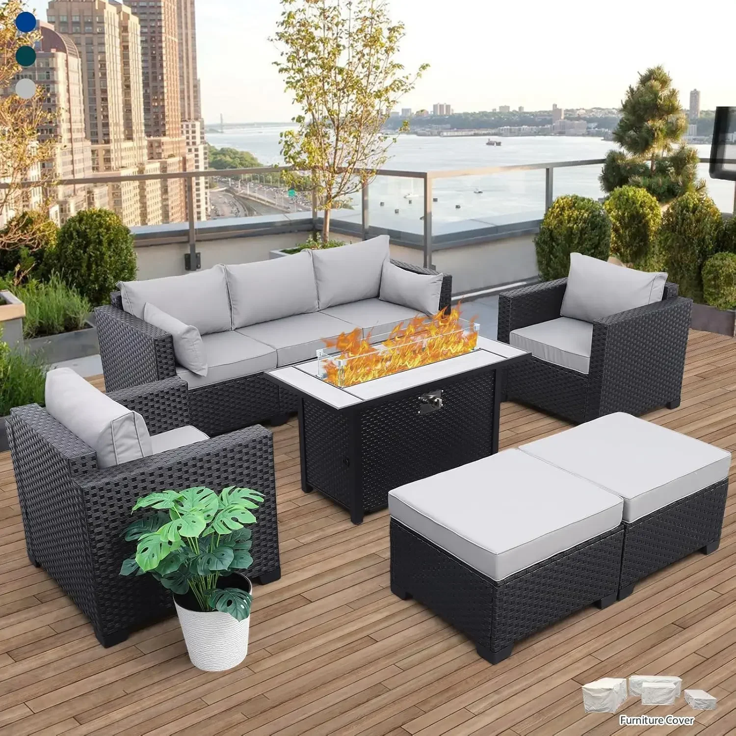 Patio Furniture Set 45 Inches Fire Pits 6 Pieces Outdoor Patio Furniture 60000 BTU Outdoor Table Patio Sofa  Chairs , Light Grey