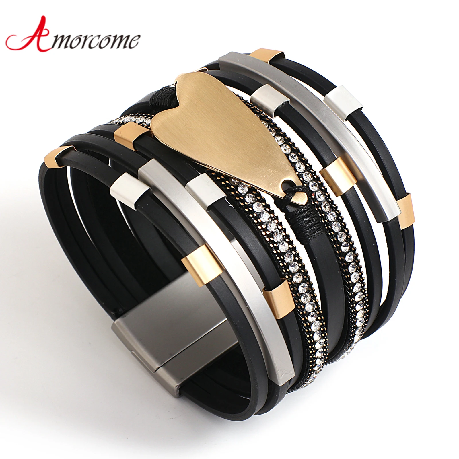 

Amorcome Trendy Metal Beads Tubes Big Heart Charm Bracelets Rhinestones Genuine Leather Layered Wrap Bracelets Winter Jewelry