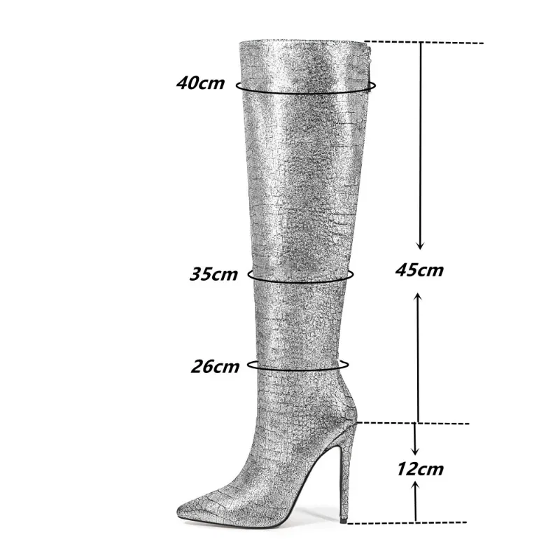 2024 European and American Style High-heeled Burst Metal Snake Patterned Leather Knee High Zipper Fashion Women's Boots