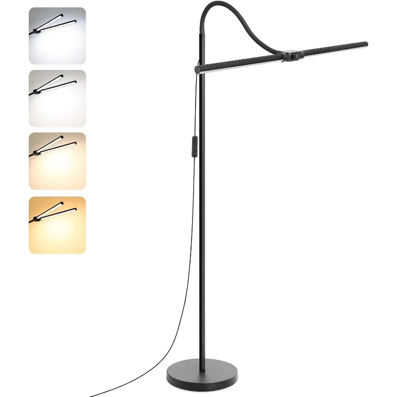 LED Floor Lamp, 15W/1800LM Bright Reading Floor Lamp for Office with Double Head, Adjustable Gooseneck Dimmable Modern Standing