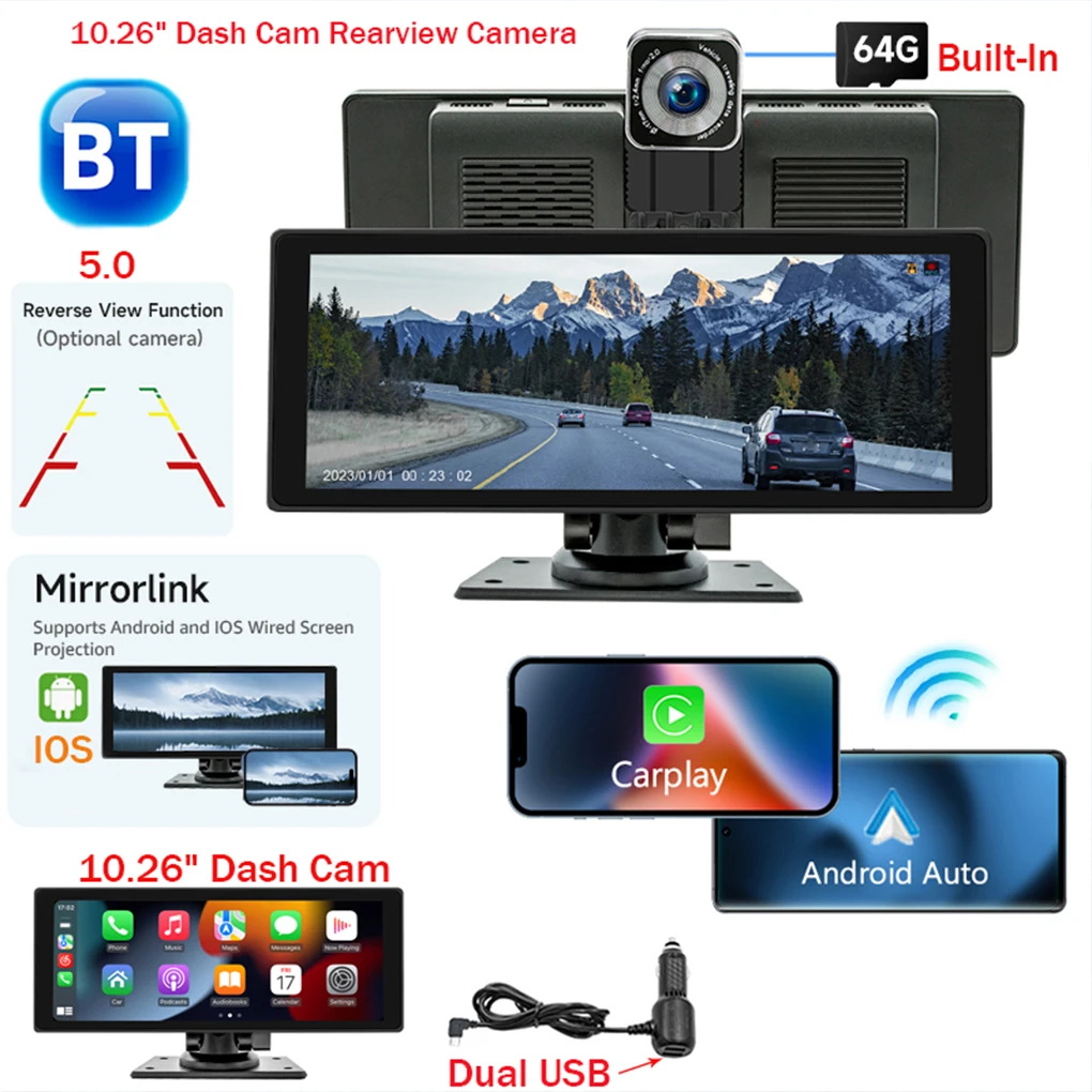 

CarPlay Android Auto Car Radio Multimedia Video Player 10.26inch Portable Touch Screen Rear Camera For Car With Dash Cam