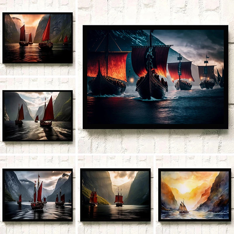 Nordic Pirates Sail in The Waves Poster Red Sails Black Oceans Sailing Fleet Canvas Painting Myth Wall Art Picture Home Decor